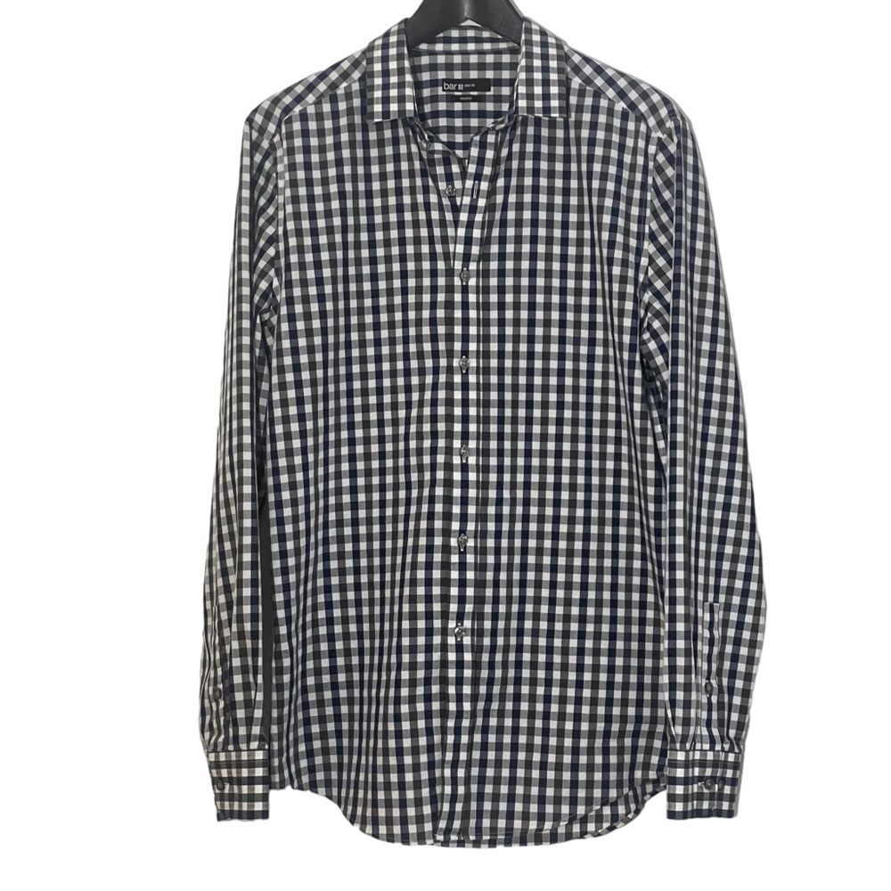 Bar III Slim Fit Gray Blue Check Long Sleeve Button Front Shirt STRETCH Size M.